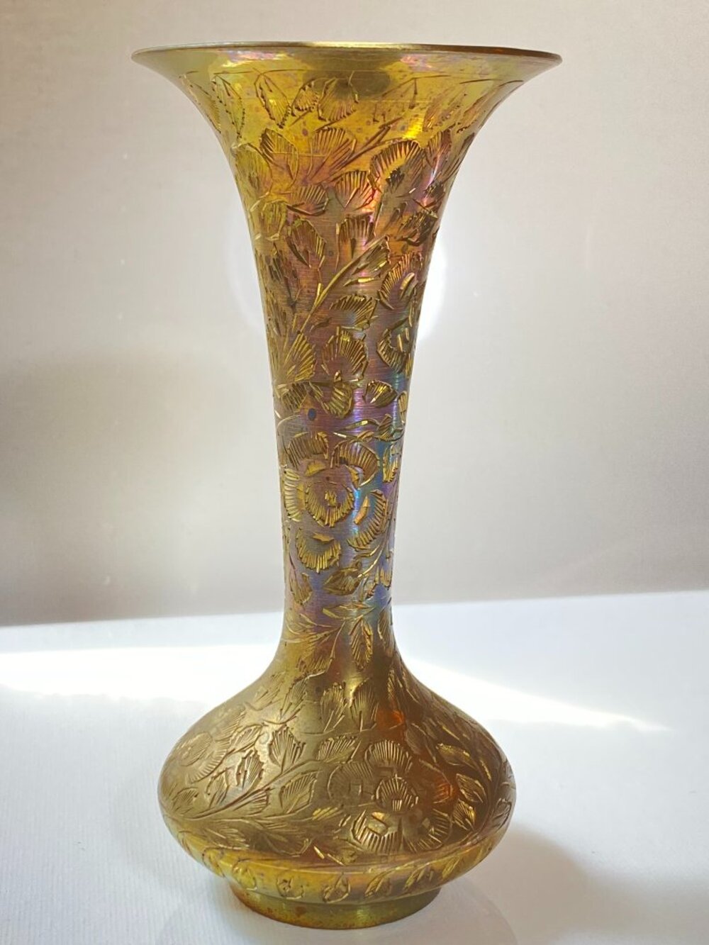 VINTAGE Solid Brass Engraved Etched Floral Bud Vase India, 6"